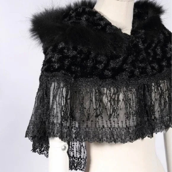 Gothic Lolita Steampunk Victorian Adorable Plush Fur & Lace Black Hooded Cape OS - Picture 5 of 11